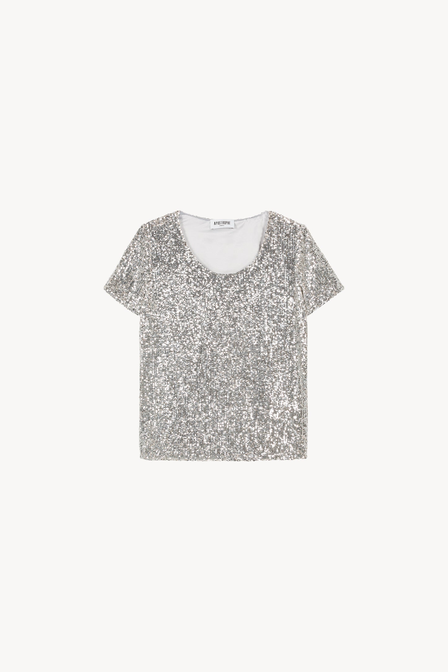 Top à col rond avec manches courtes et sequins argentés