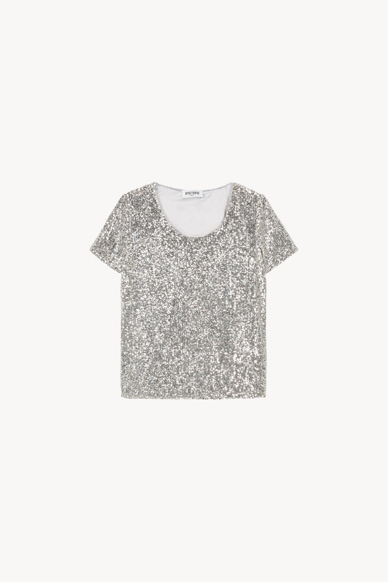 Top à col rond avec manches courtes et sequins argentés