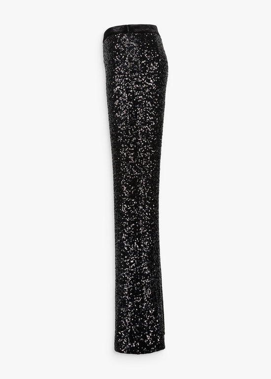 Pantalon taille haute coupe évasée à sequins paillettes noir avec élastique taille en velours noir