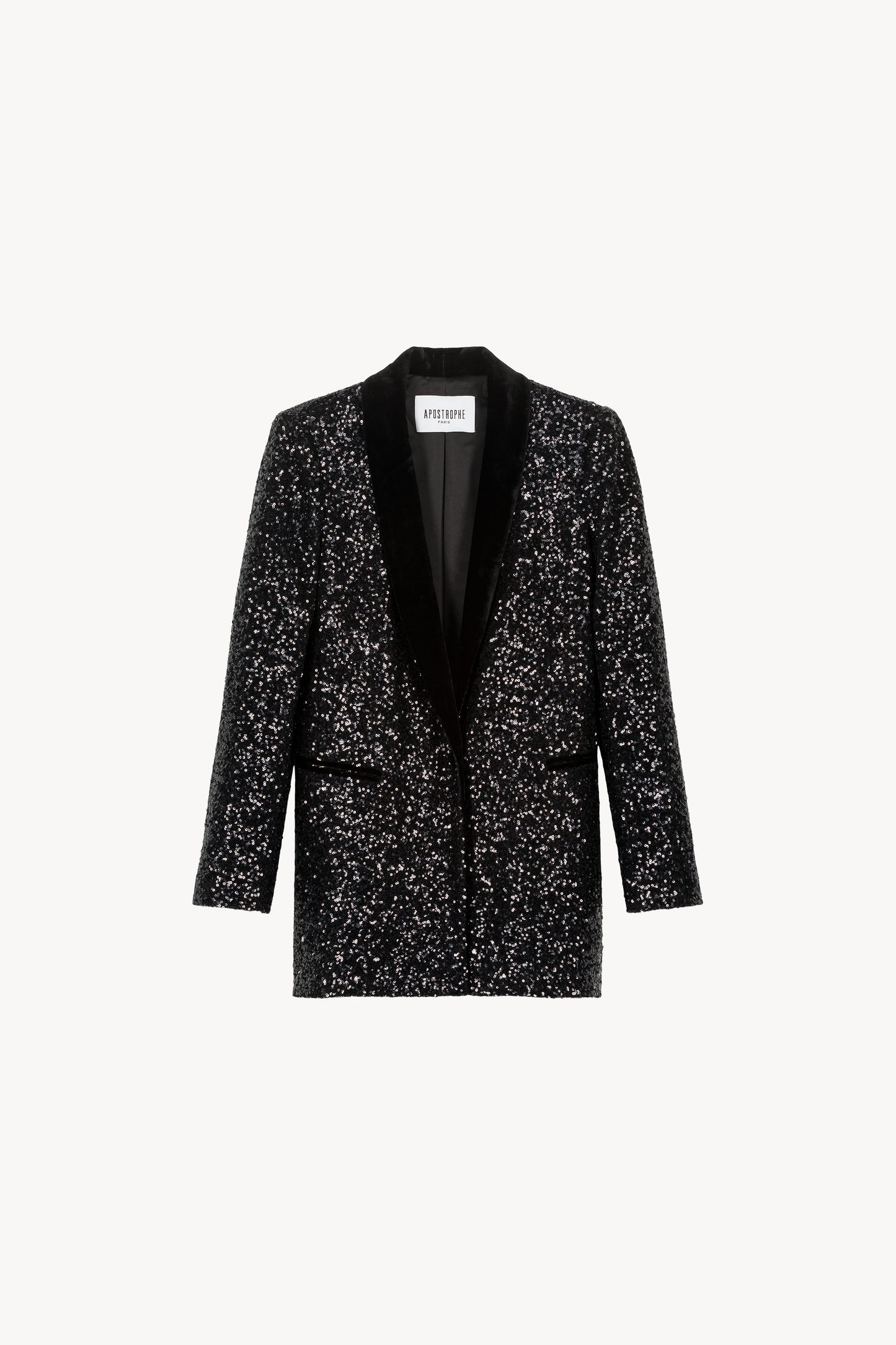 Blazer fluide orné de sequins. Col en velours. Fentes latérales. Poches passepoilées.