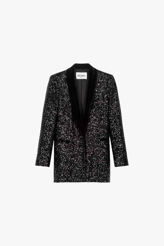 Blazer fluide orné de sequins. Col en velours. Fentes latérales. Poches passepoilées.