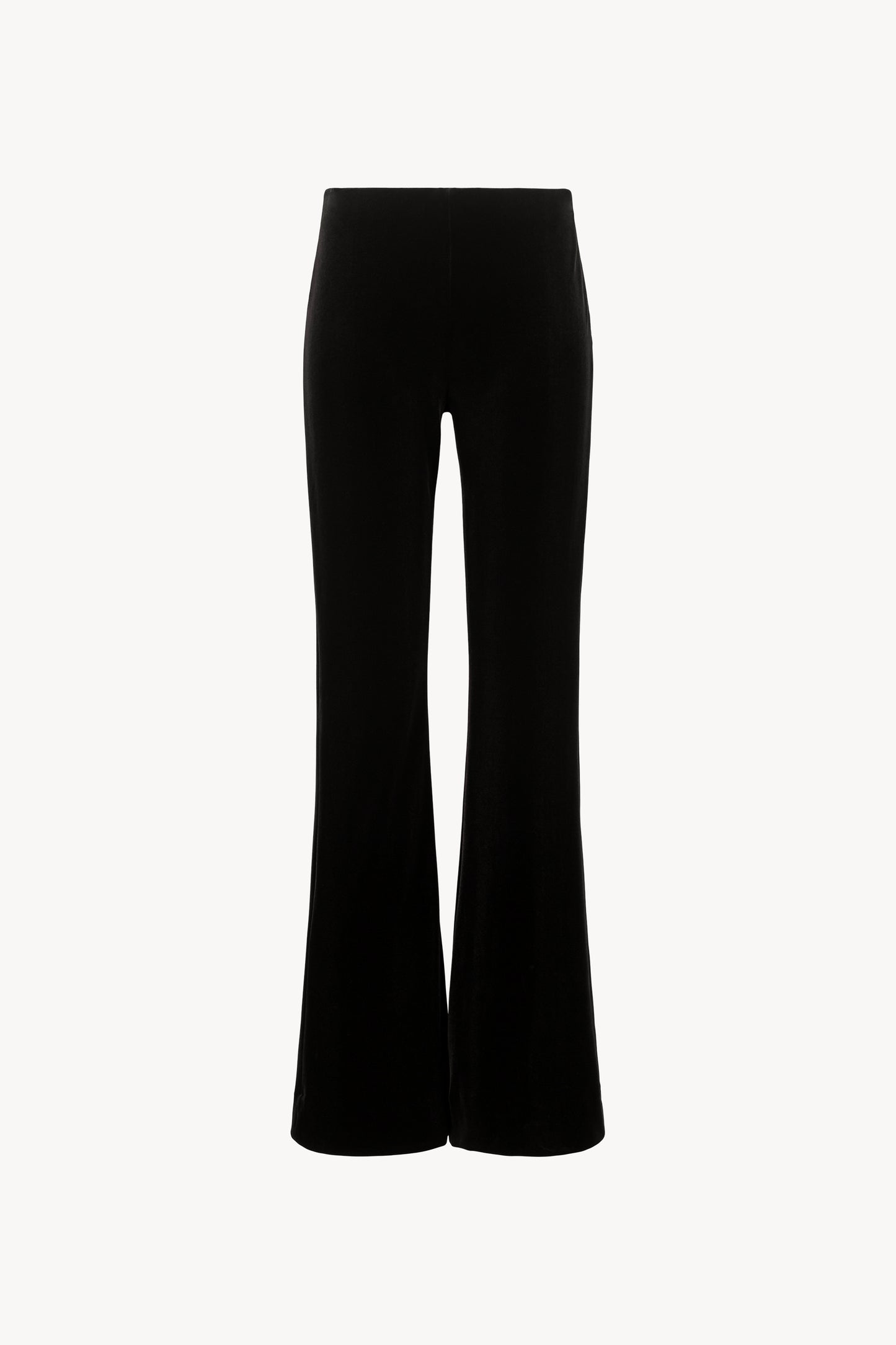 Pantalon évasé en velours extensible, ceinture élastique cachée, fermeture à glissière latérale.