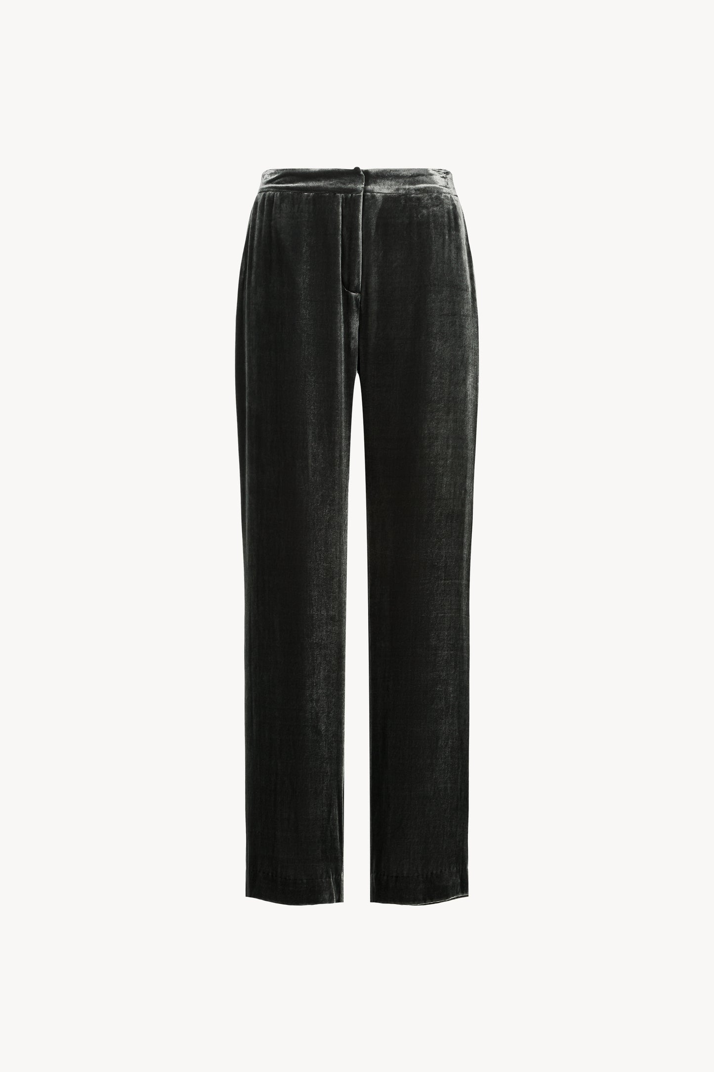 Pantalon large en velours vert gris. Poches italiennes à l'avant et fausses poches passepoilées à l'arrière.