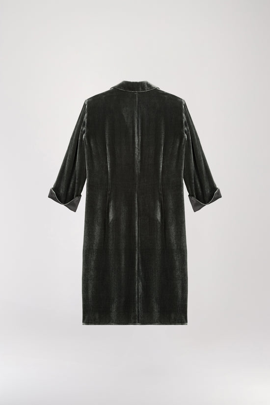 Draped shirt dress in gray green velvet