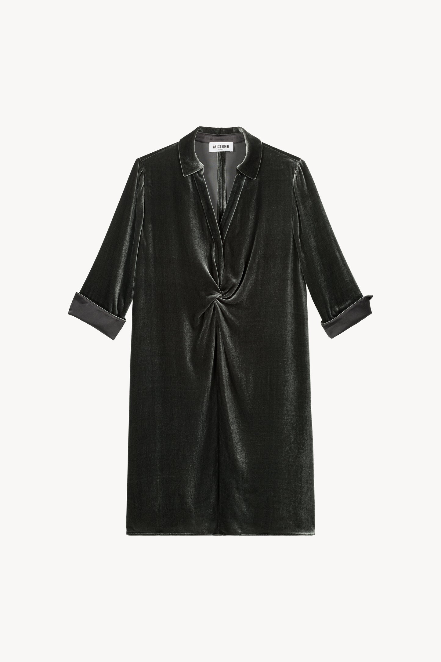 Robe chemise en velours vert gris, coupe droite. Col chemise en V et manches à revers.