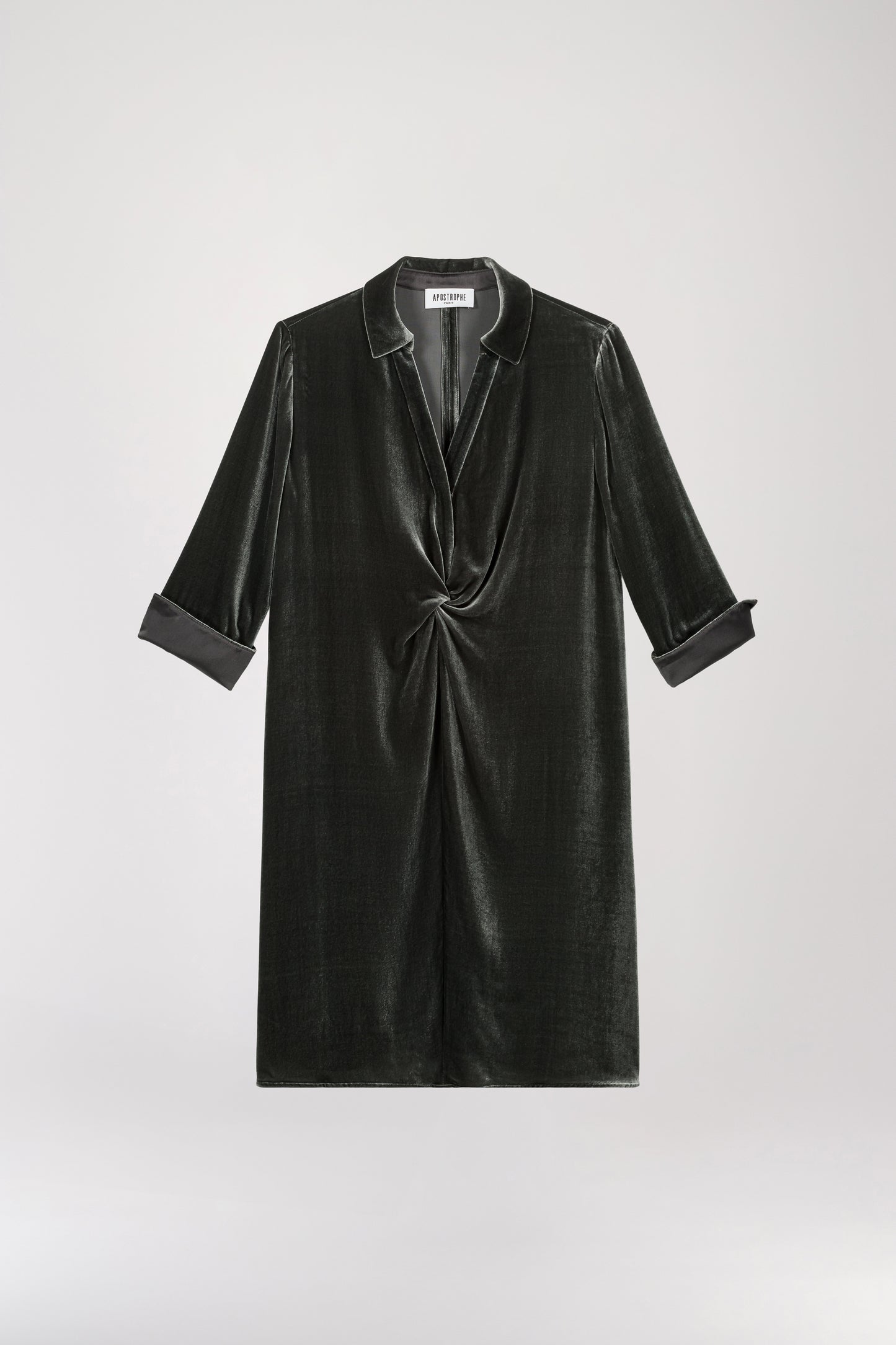 Draped shirt dress in gray green velvet