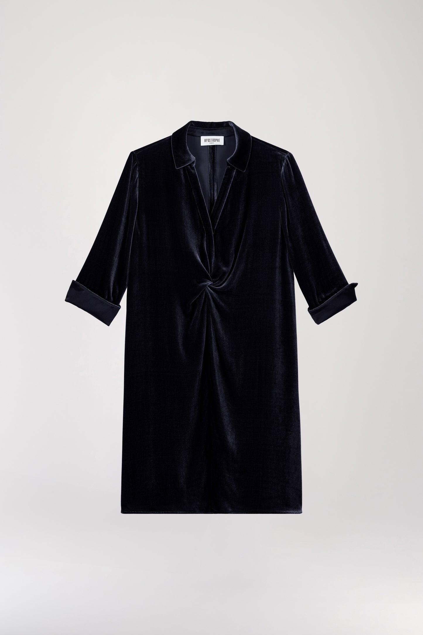 Navy velvet draped shirt dress