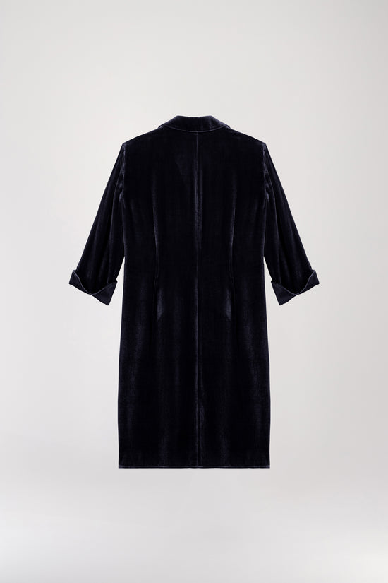 Navy velvet draped shirt dress