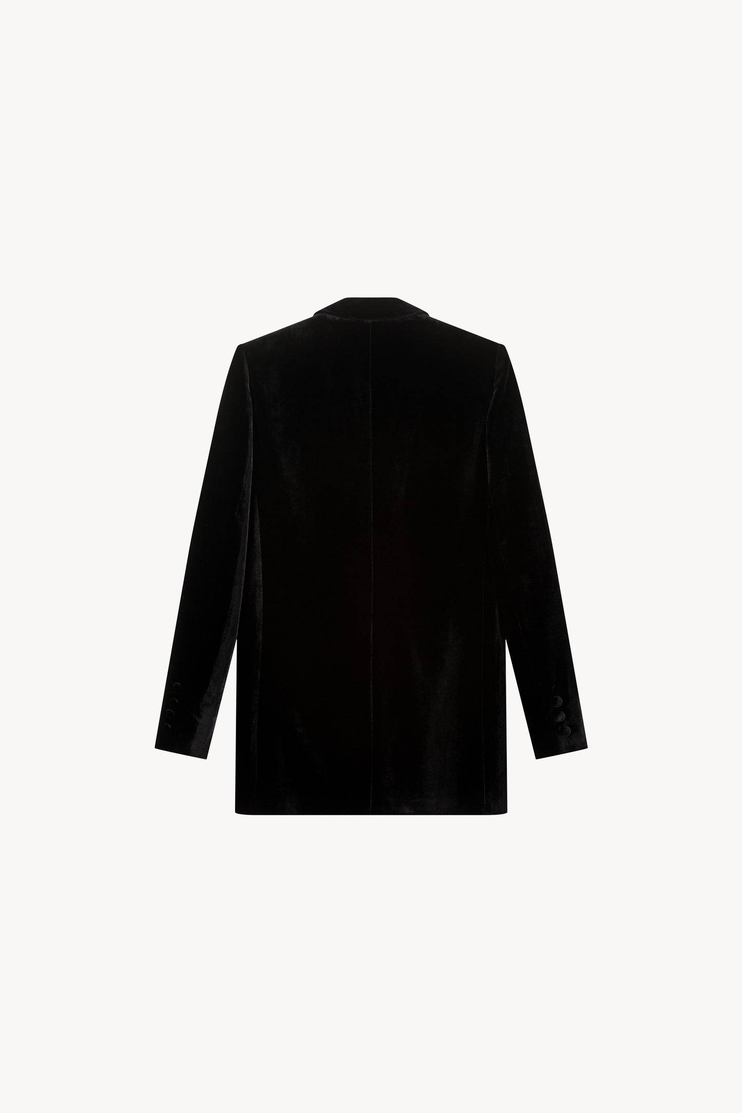 Blazer cintré en velours, col en satin, boutons en velours assortis. Design moderne avec poches passepoilées satinées.