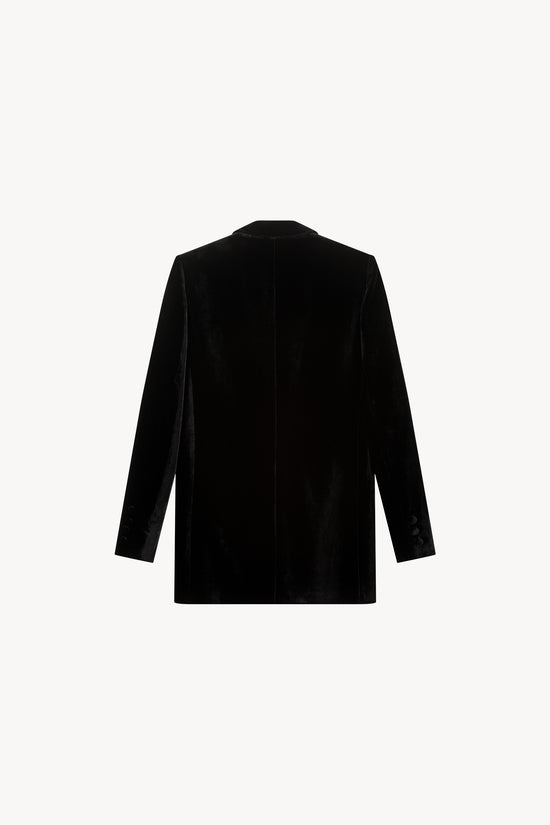 Blazer cintré en velours, col en satin, boutons en velours assortis. Design moderne avec poches passepoilées satinées.