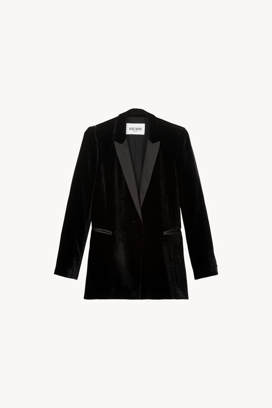 Blazer en velours noir avec col en satin. Poches passepoils satinées. Bouton en velours.