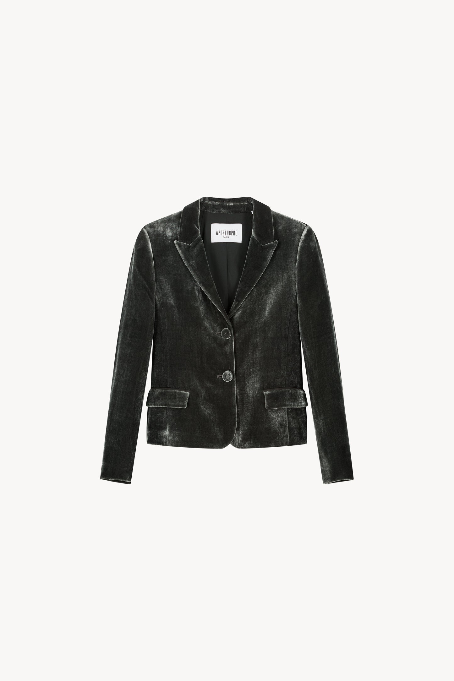 Blazer ajusté en velours vert gris. Col tailleur, fermeture à deux boutons. Poches passepoilées avec rabat, six boutons sur les manches.