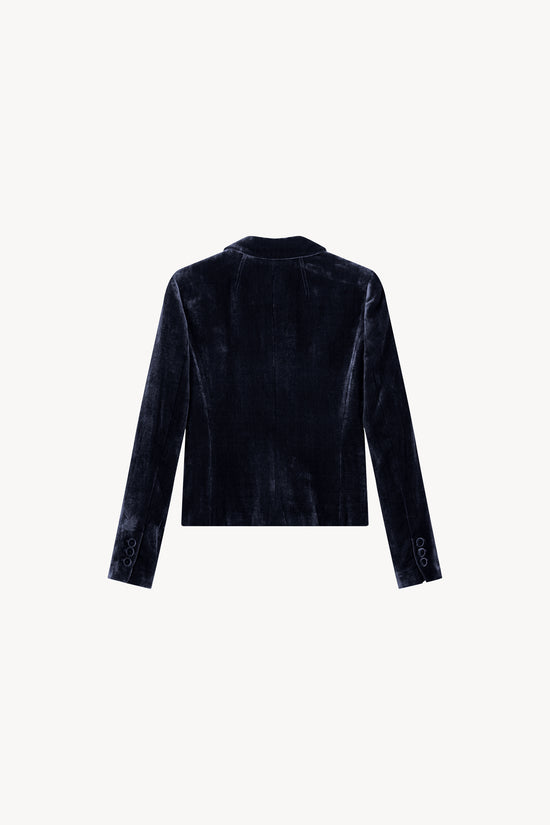 Blazer en velours, coupe ajustée. Col tailleur, deux boutons à l'avant. Poches passepoilées avec rabat, six boutons sur les manches.