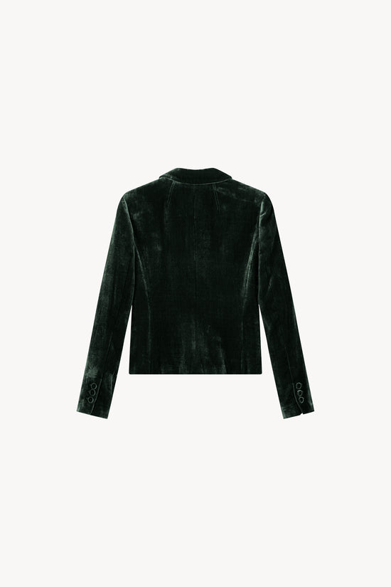 Blazer ajusté en velours, col tailleur. Fermeture à deux boutons. Détails de six boutons sur les manches et poches passepoils.
