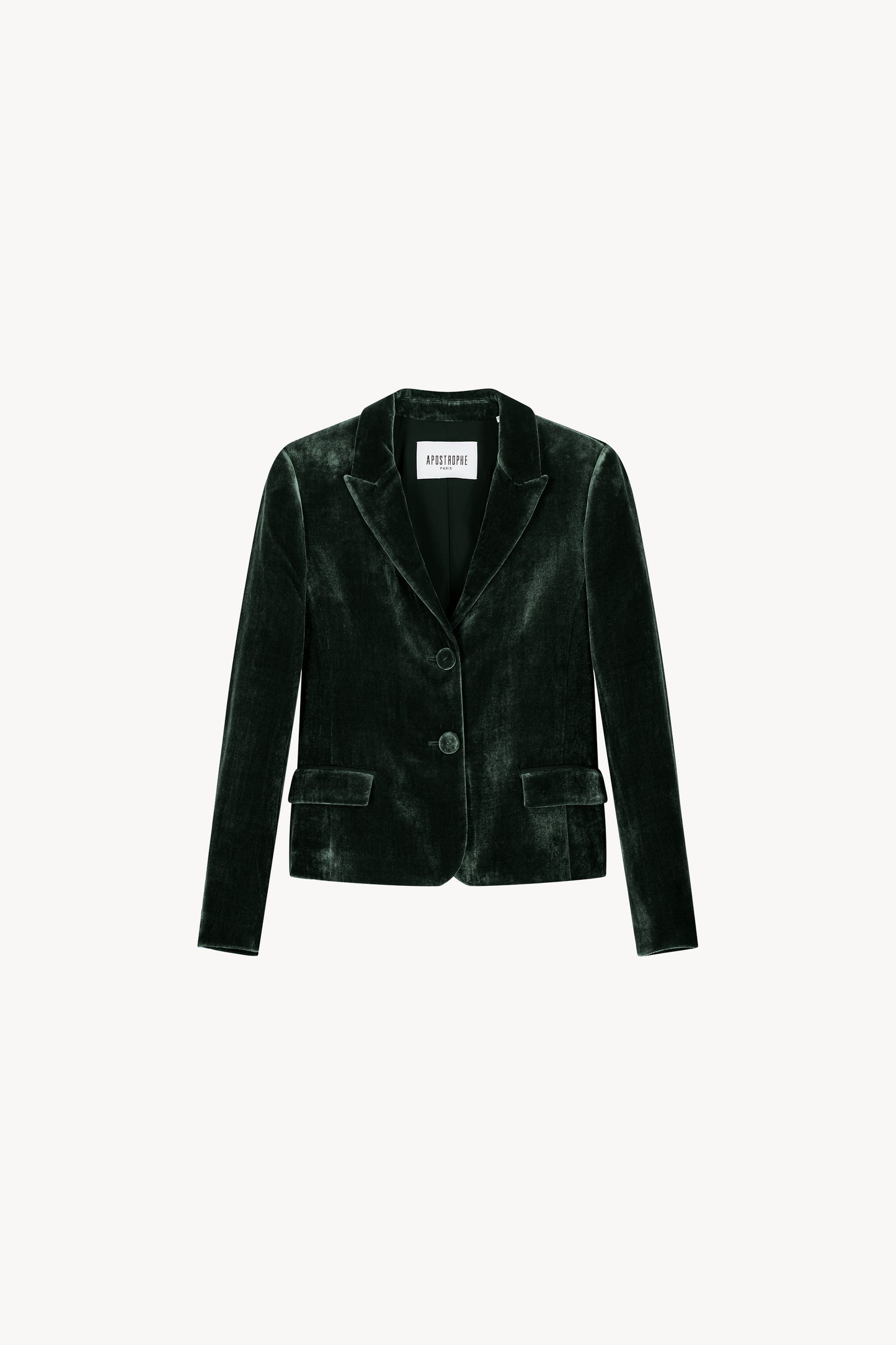Blazer court ajusté en velours vert foncé. Col tailleur, deux boutons avant et six boutons sur les manches. Poches passepoils avec rabat.