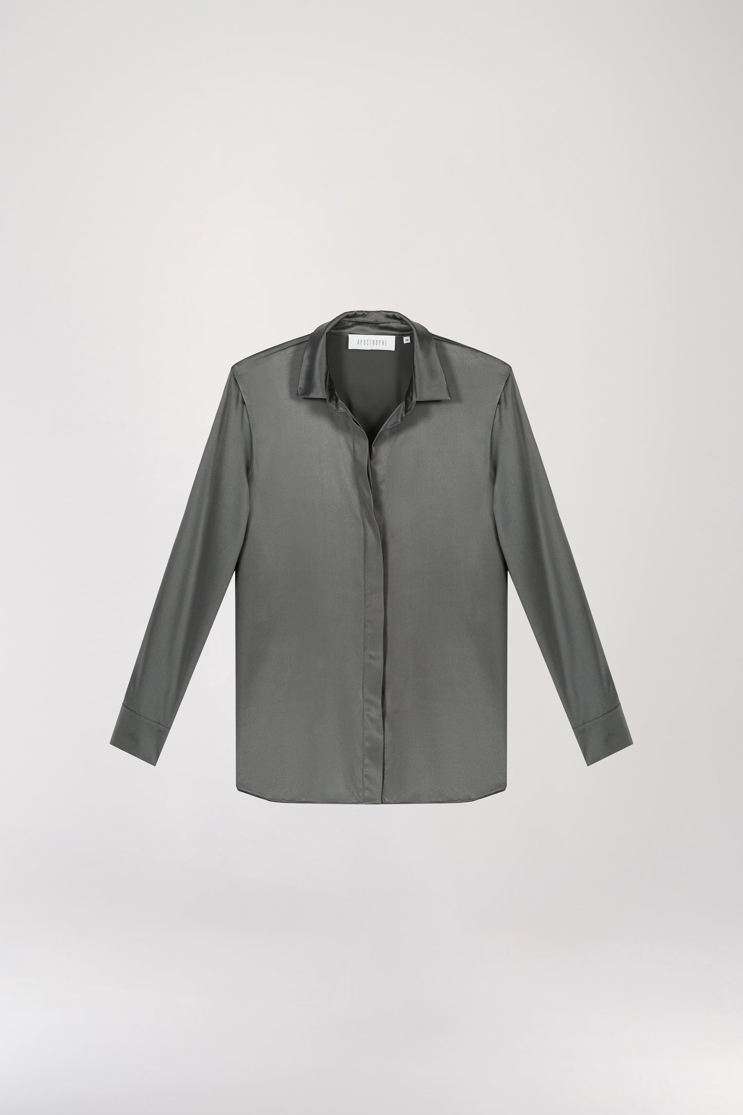 Gray green open collar satin shirt