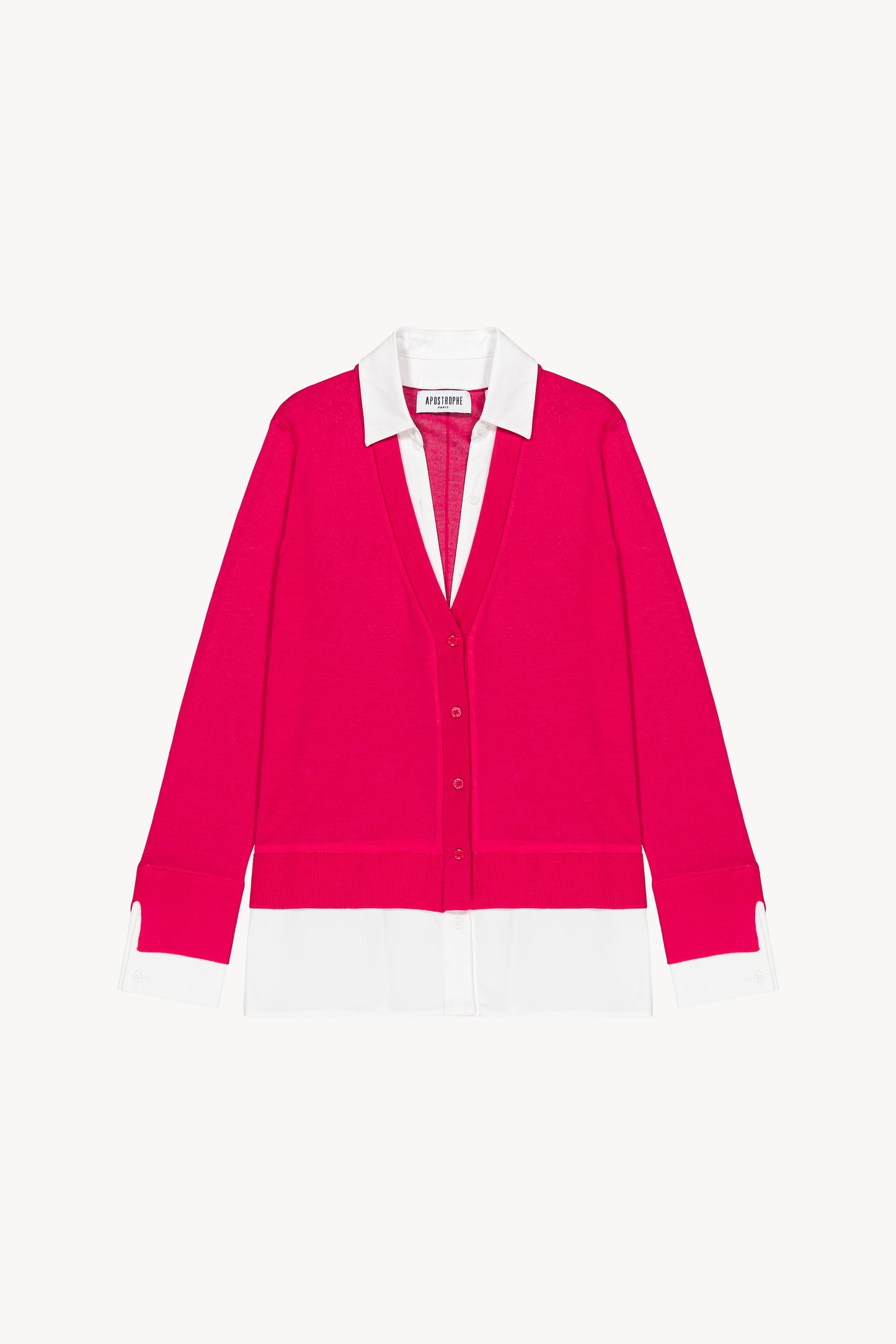 Gilet en laine framboise à coupe droite avec un col chemise en trompe-l'œil en popeline de coton.