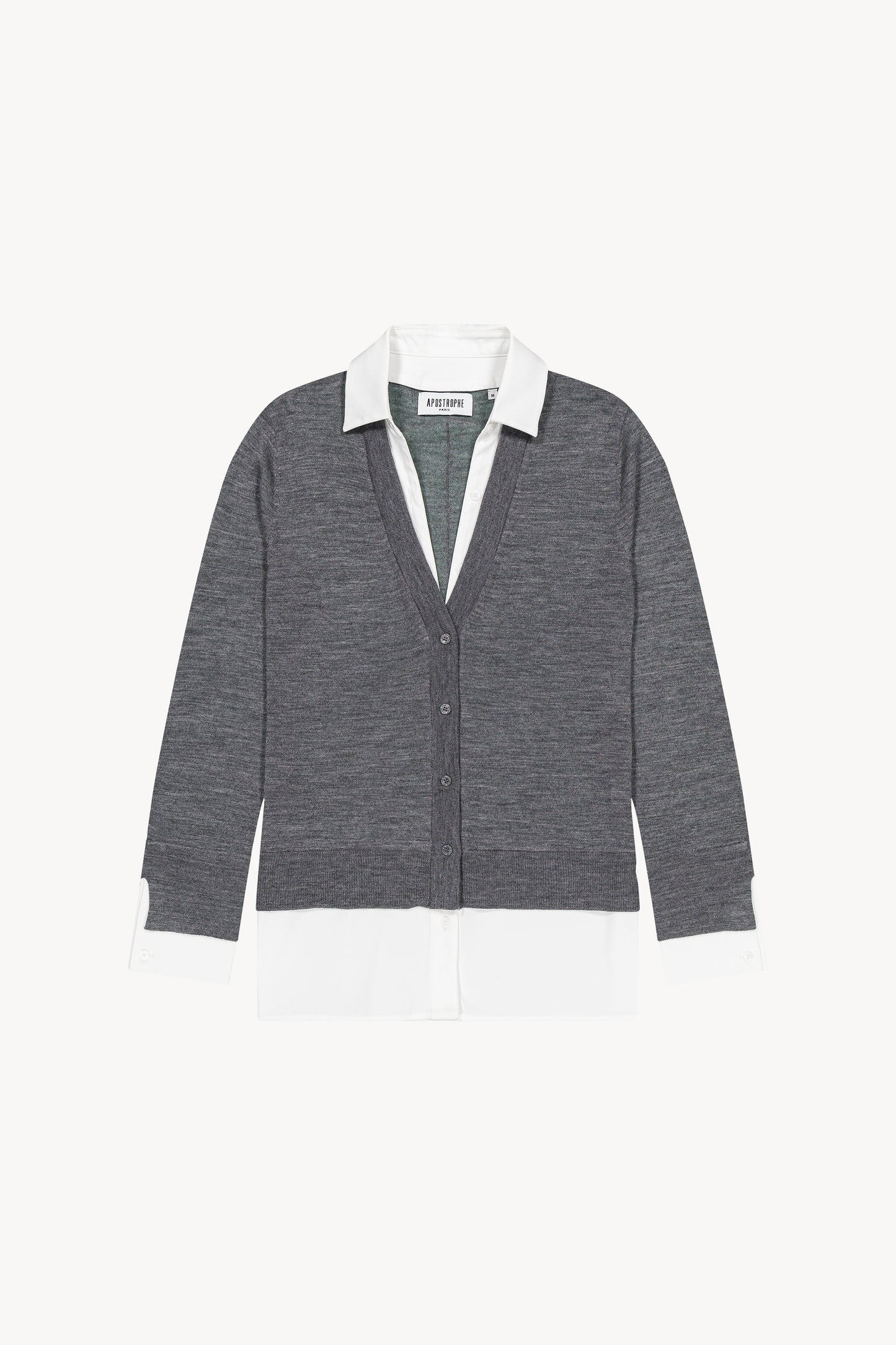 Gilet en laine gris Apostrophe avec col chemise ouvert et détails en popeline de coton.