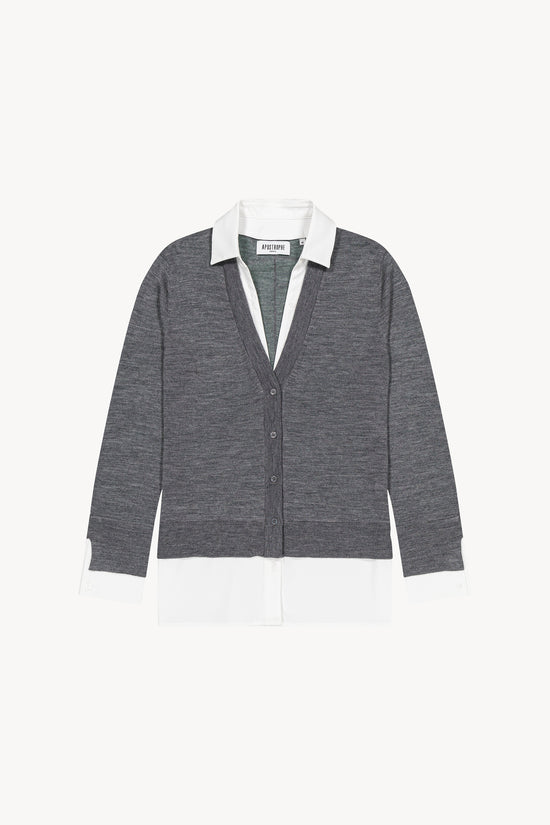 Gilet en laine gris Apostrophe avec col chemise ouvert et détails en popeline de coton.