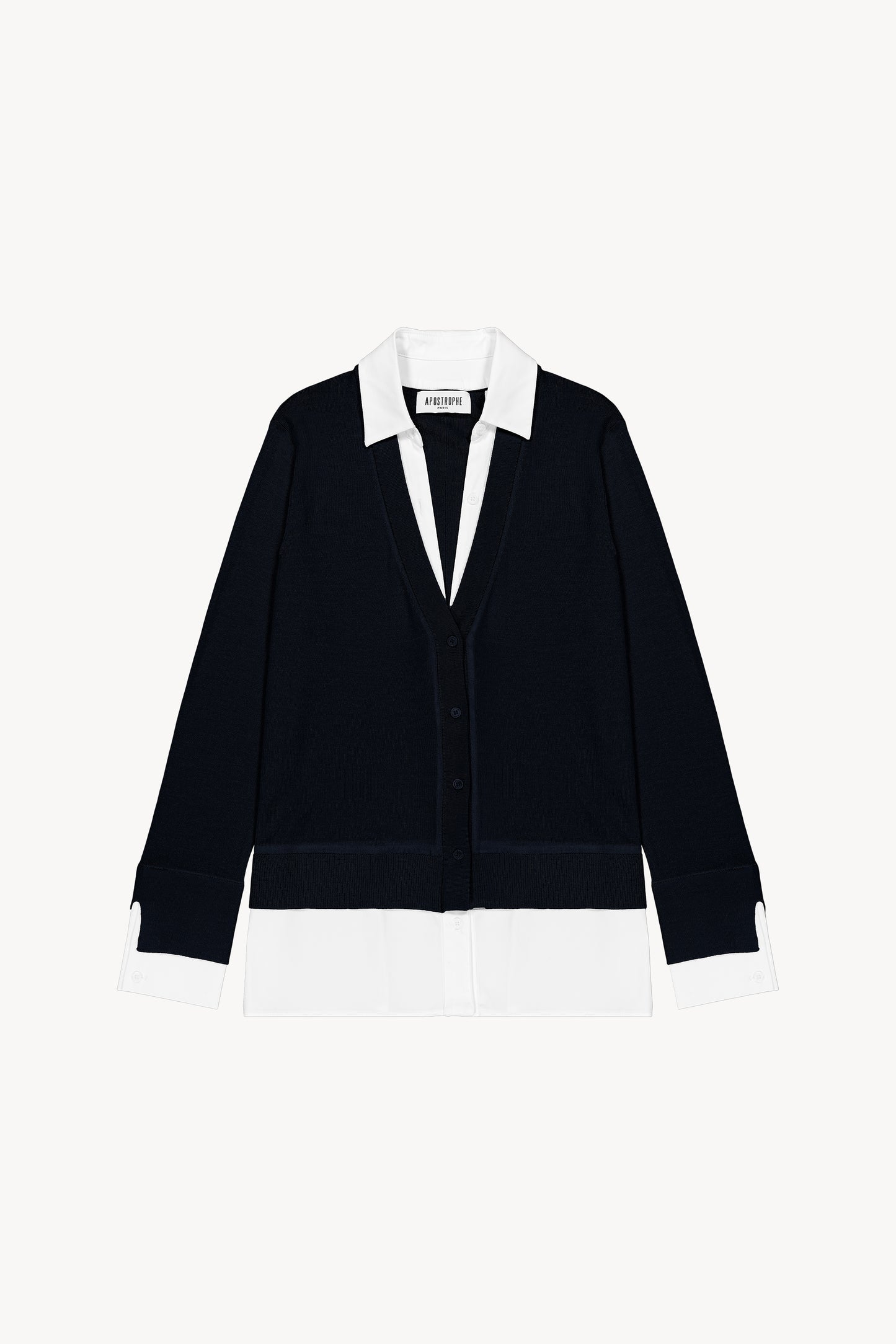 Gilet en laine marine à coupe droite. Col chemise en trompe-l'œil en popeline de coton. Finitions côtelées au col, bas et poignets.