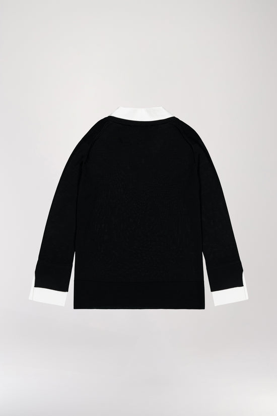 Black wool trompe-l'oeil v-neck sweater