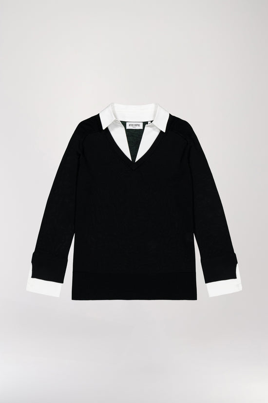 Black wool trompe-l'oeil v-neck sweater