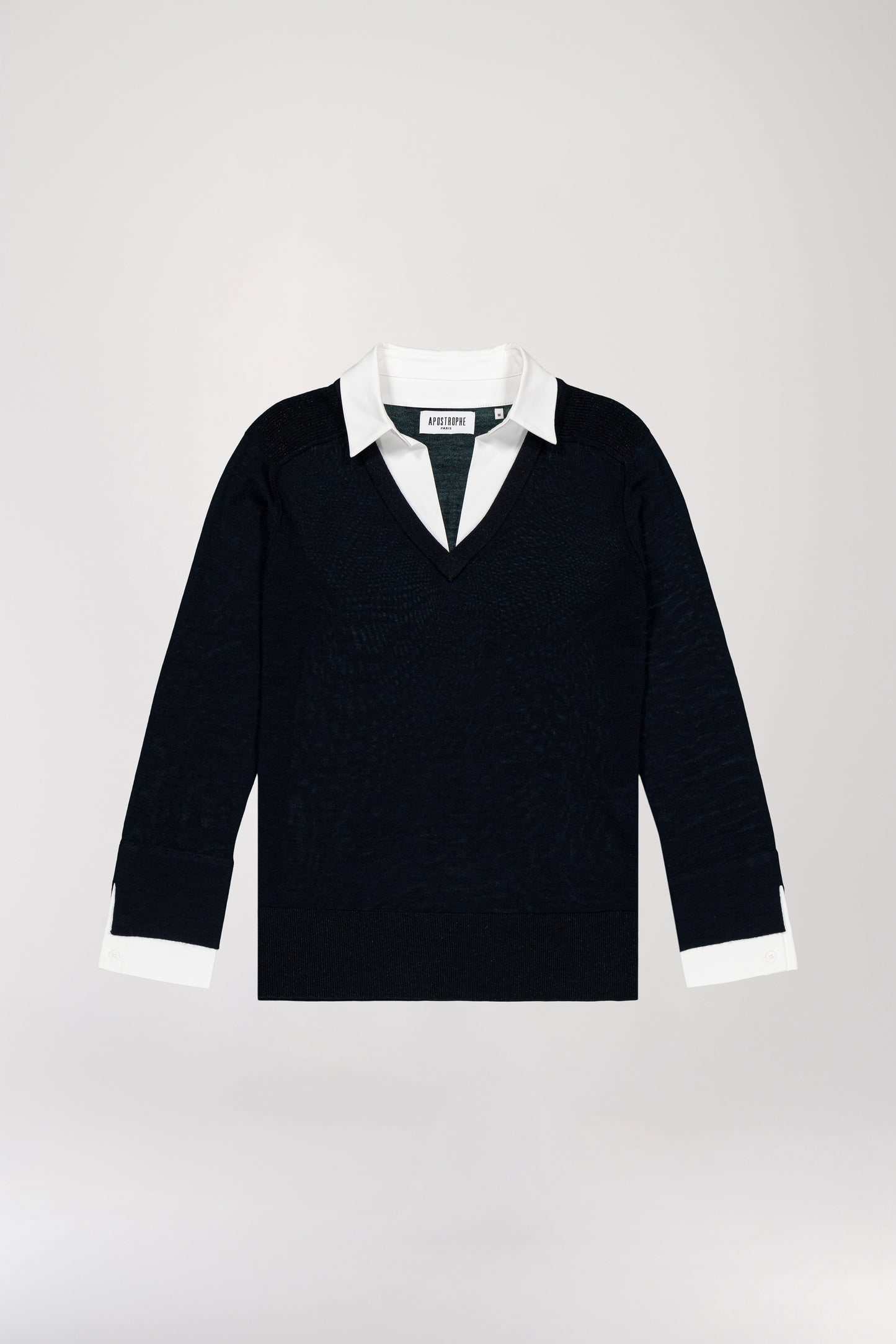 Trompe-l'oeil V-neck sweater in navy wool