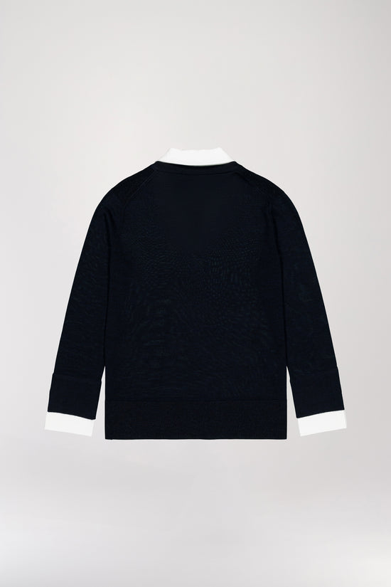 Trompe-l'oeil V-neck sweater in navy wool