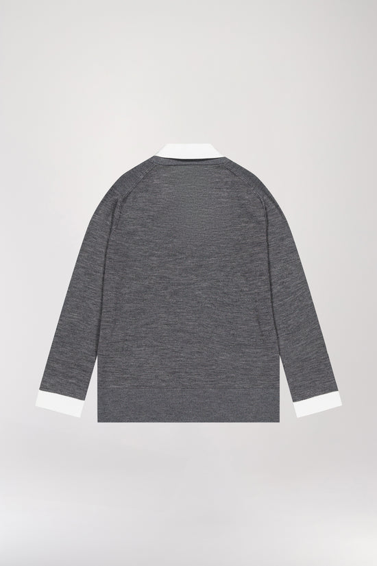 Dark gray wool trompe-l'oeil V-neck sweater