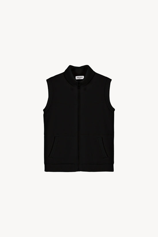 Manteau sans manches en laine noire avec effet matelassé et poches plaquées, parfait pour une allure chic et moderne.