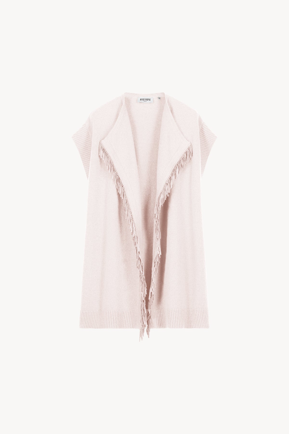 Gilet sans manches en cachemire. Finition frangée sur les bords. Coupe droite.