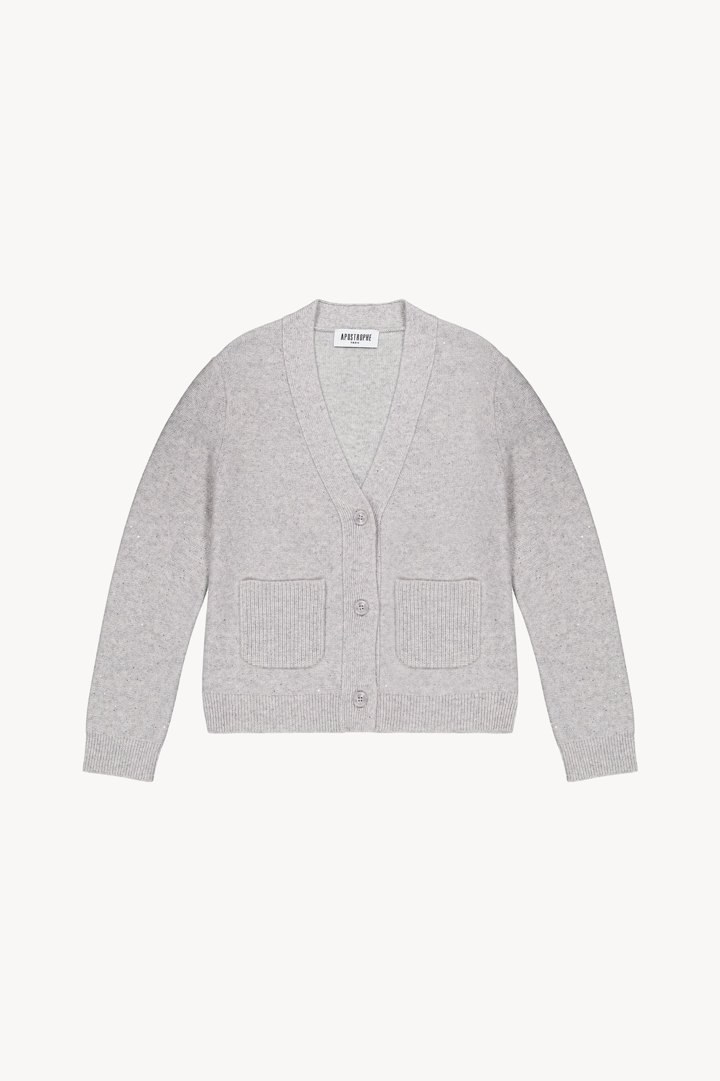 Cardigan gris pâle en cachemire et laine , col V, poches plaquées et détails sequins pour un style chic et confortable.
