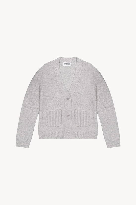 Cardigan gris pâle en cachemire et laine , col V, poches plaquées et détails sequins pour un style chic et confortable.