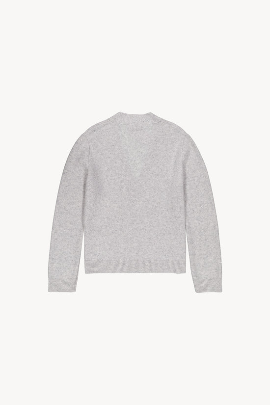 Cardigan en cachemire gris col V avec poches plaquées côtelés et bords côtelés