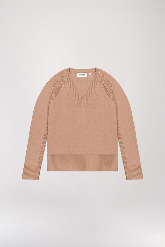 Camel braided V-neck sweater