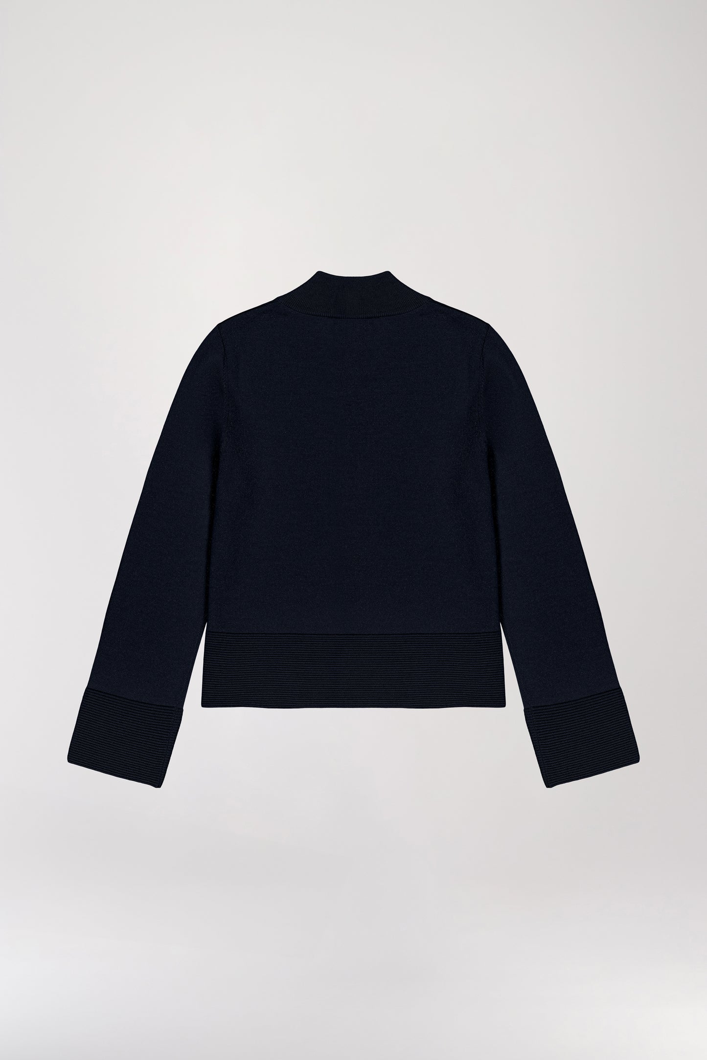 Short funnel neck sweater in navy wool and lurex