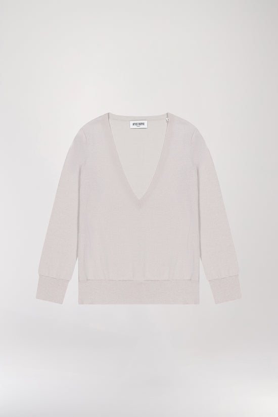 Pull col V en laine et lurex beige