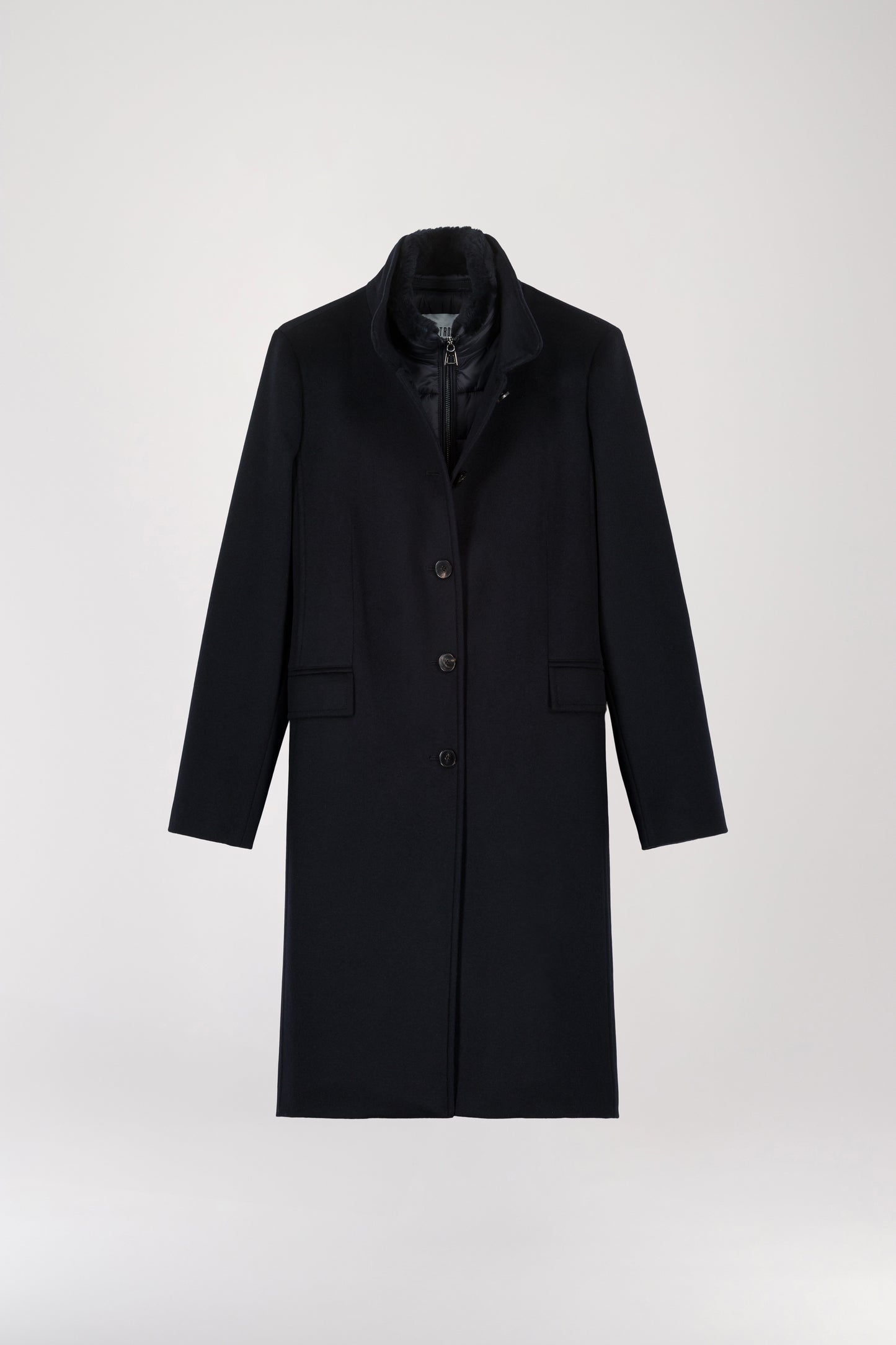 Long navy trompe l'oeil coat