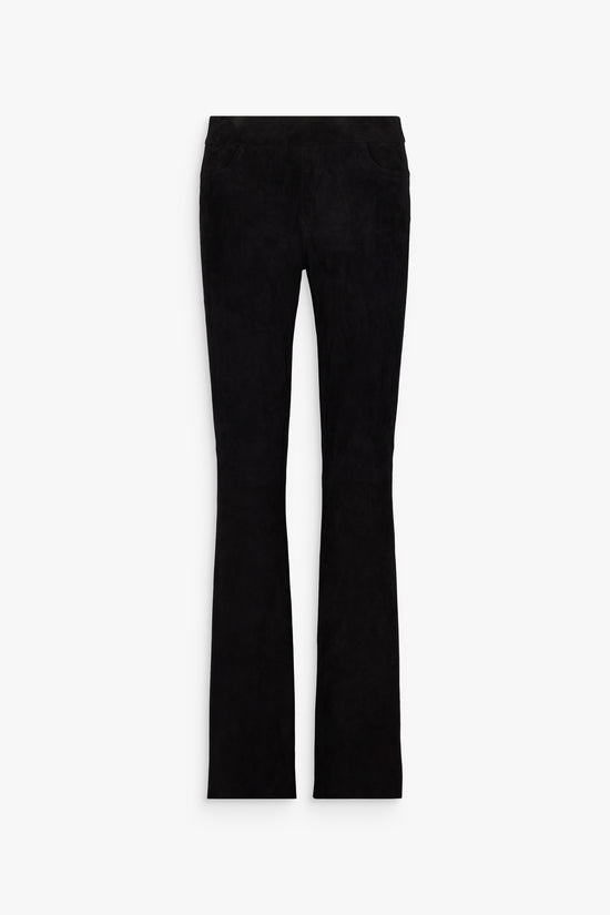 Legging en daim noir, coupe ajustée et taille haute pour mettre la silhouette en valeur.