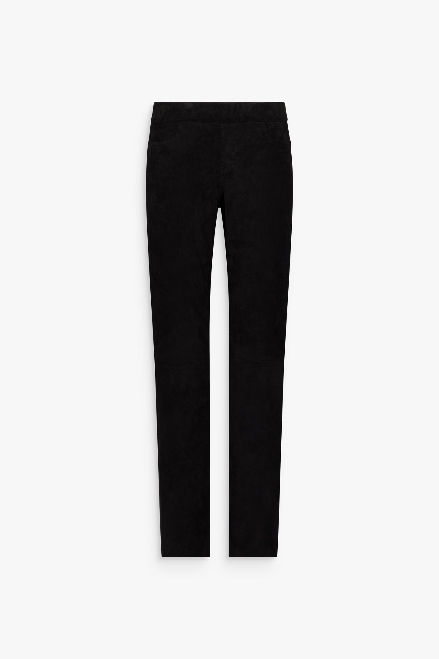 Détail de la taille haute et des finitions sur les leggings noirs en daim.
