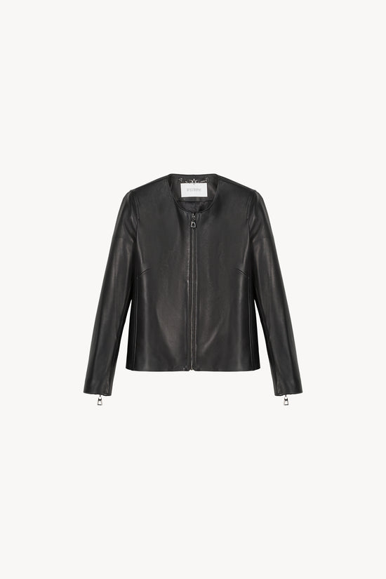 Veste en cuir courte col rond zip avant et zip manches