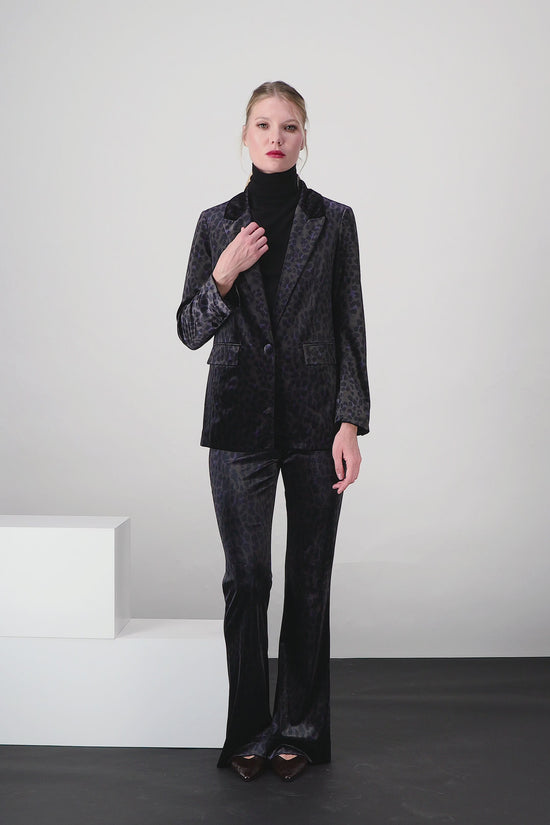 Pantalon long en velours noir à imprimé léopard, coupe évasée