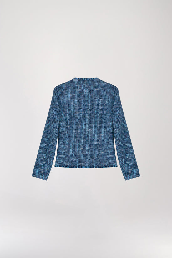 Denim blue round neck tweed jacket