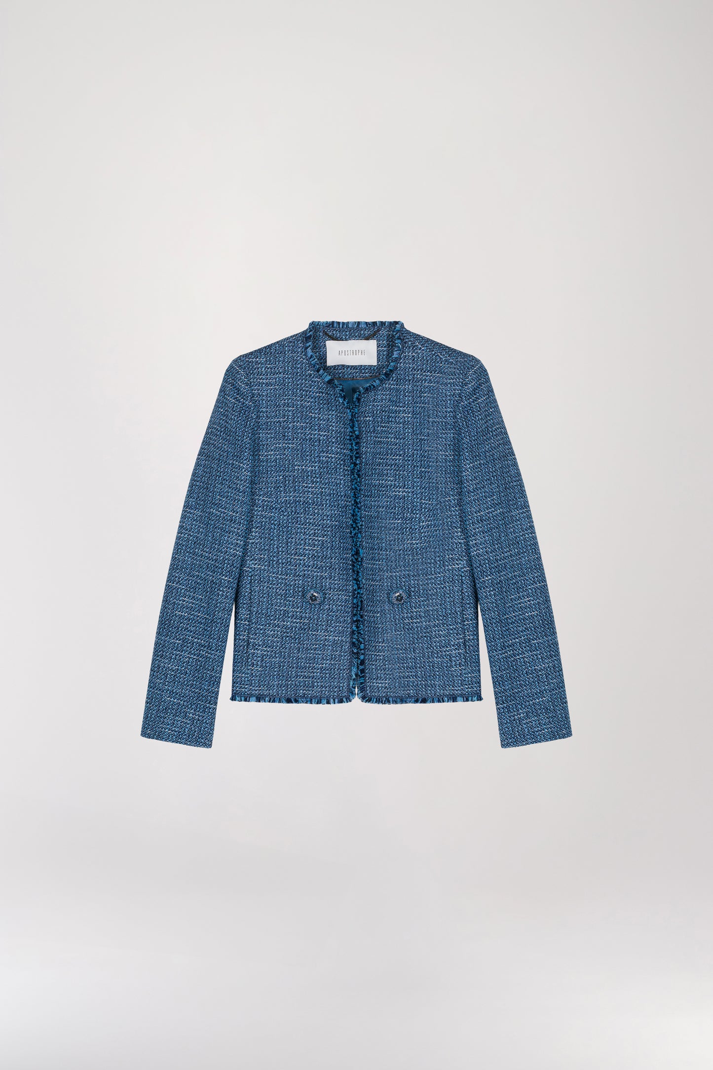 Denim blue round neck tweed jacket