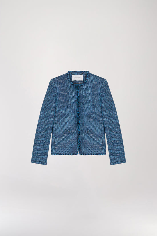 Denim blue round neck tweed jacket