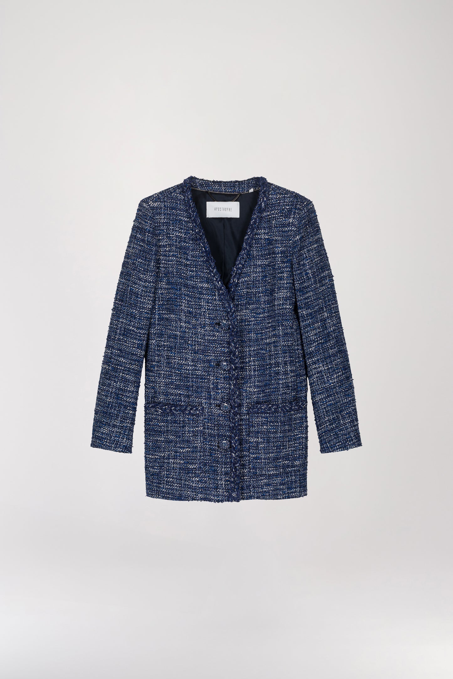 Long navy tweed blazer