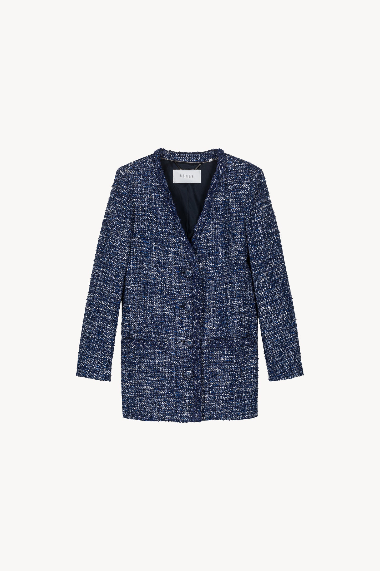 Blazer long en tweed bleu bord col V et poches plaquées