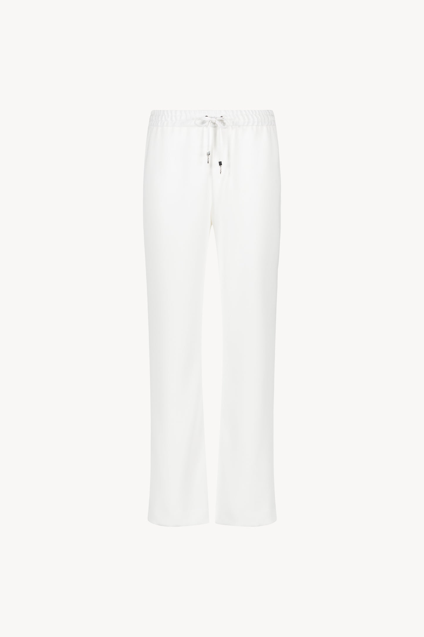 Pantalon fluide large blanc cassé avec ceinture froncée et cordons réglables avec embouts métal gravés