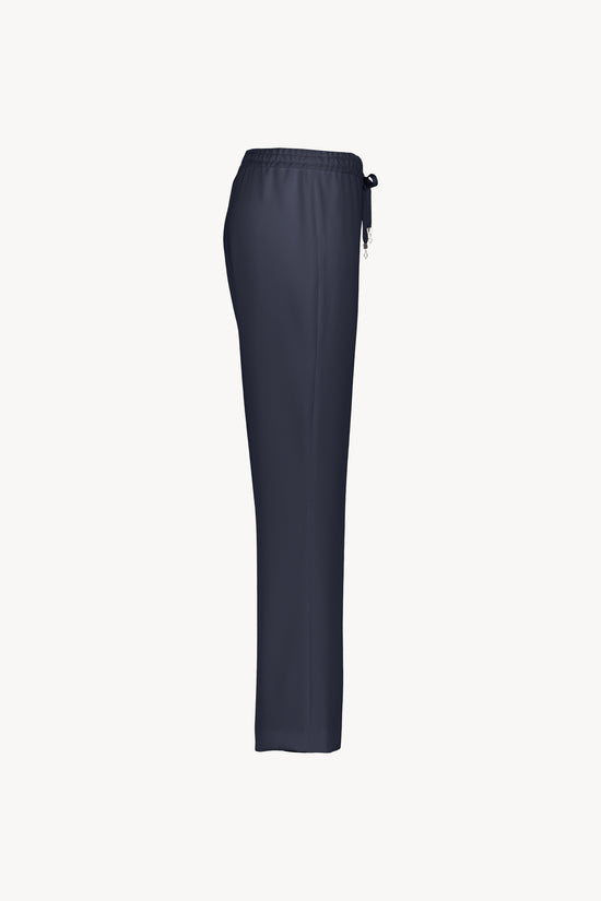 Pantalon fluide large marine avec ceinture froncée et cordons réglables avec embouts métal gravés