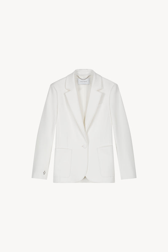Veste tailleur cintrée blanche avec des
poches plaquées et un col tailleur
